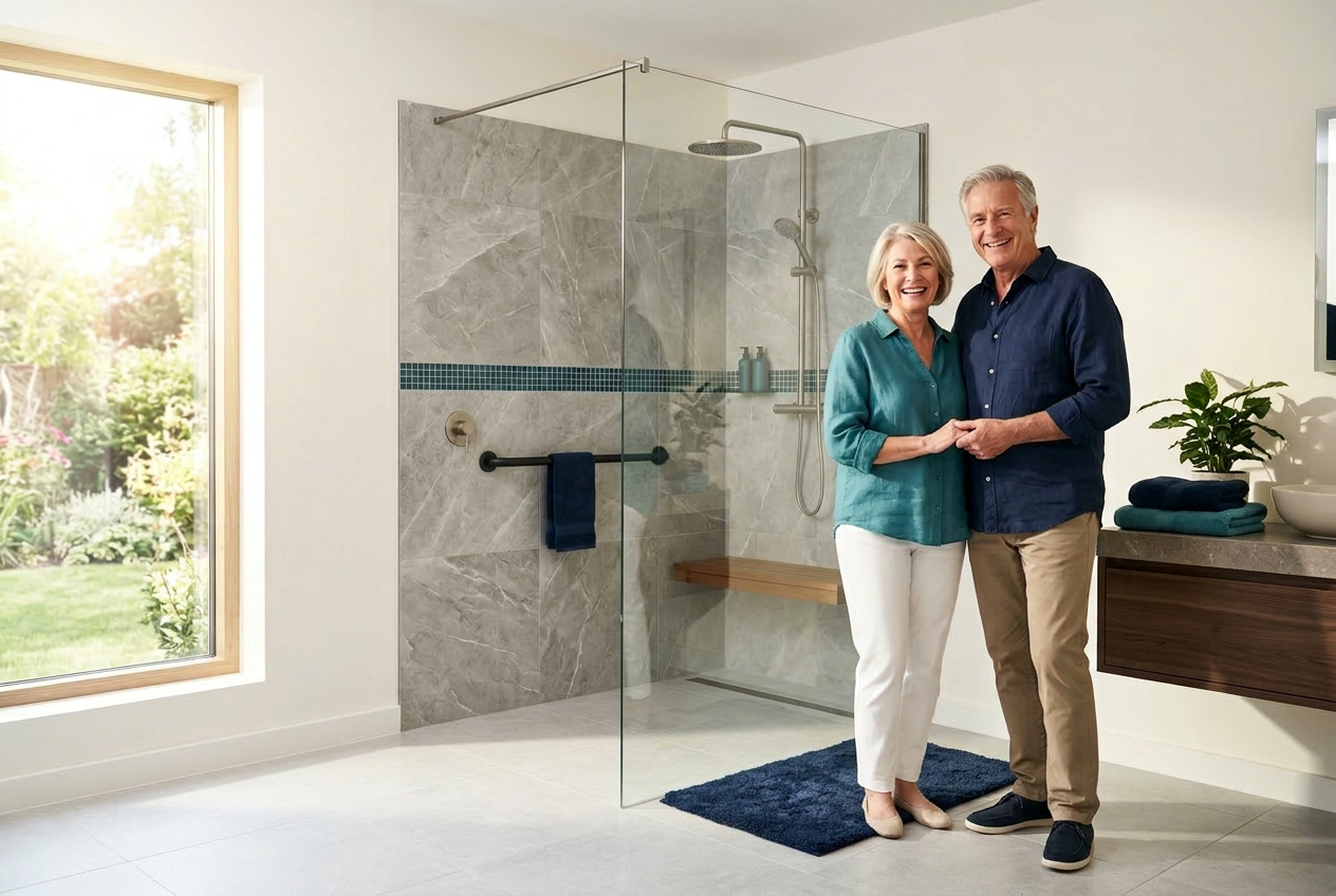 Modernes, barrierefreies Badezimmer mit bodengleicher Dusche und Haltegriffen